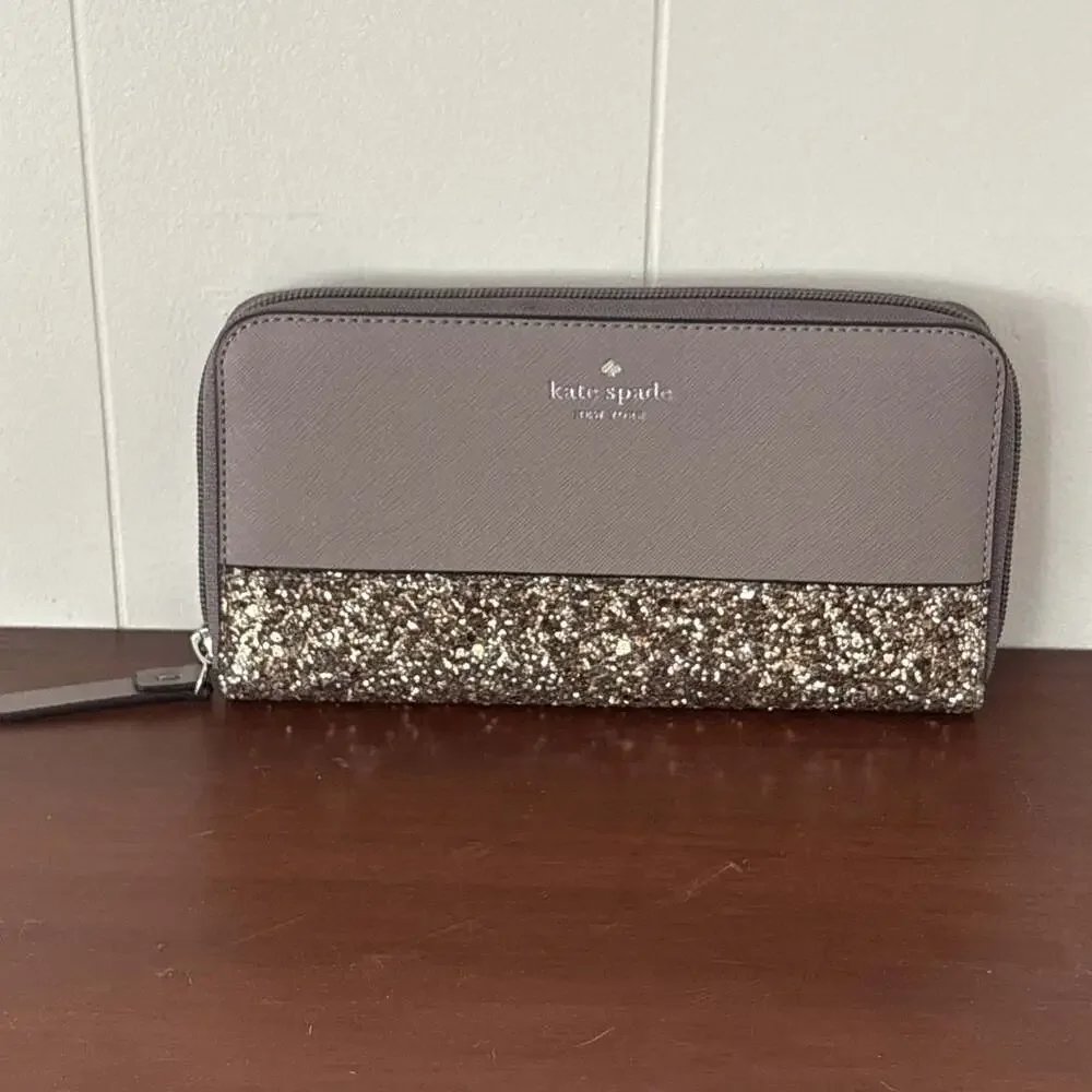 Kate Spade New York Greta Court Saffiano Taupe Cityscape Neda Wallet Glitter